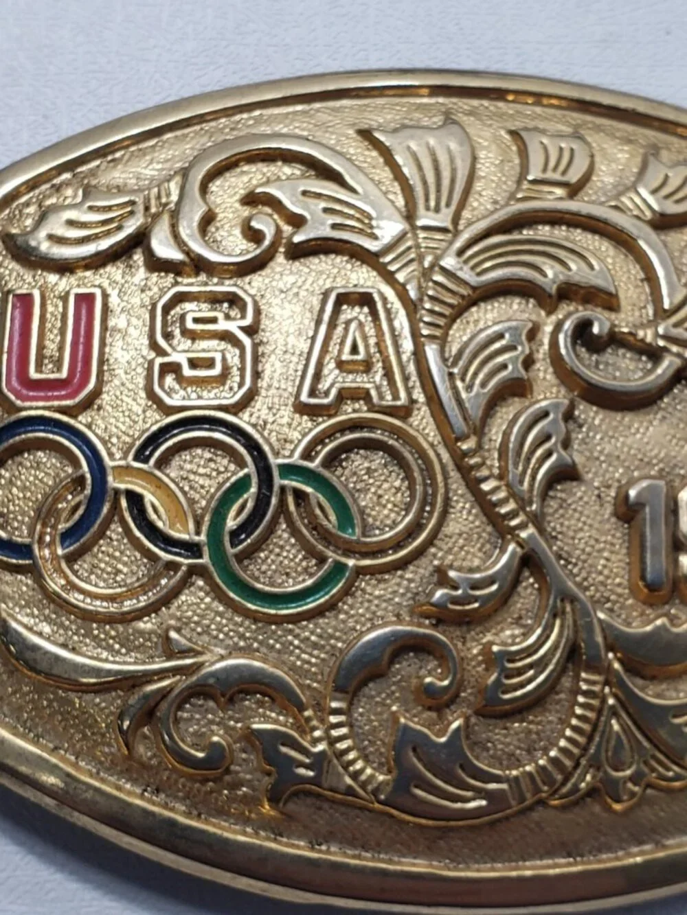 Vintage 1988 USA Olympics Belt Buckle B-K Gold Tone Enamel USOC 1987 Made USA
